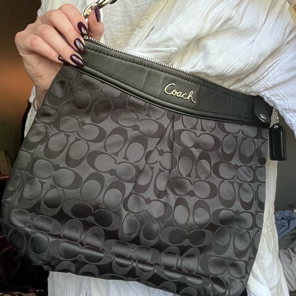 COACH ASHLEY Signature C Black Leather Satin Shoulder Bag